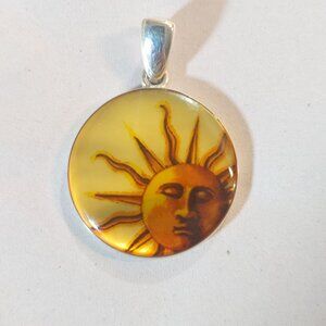 Sun Pendant Sterling Silver Yellow Orange Resin Inlay 925 Thailand Bonus 34 Inch